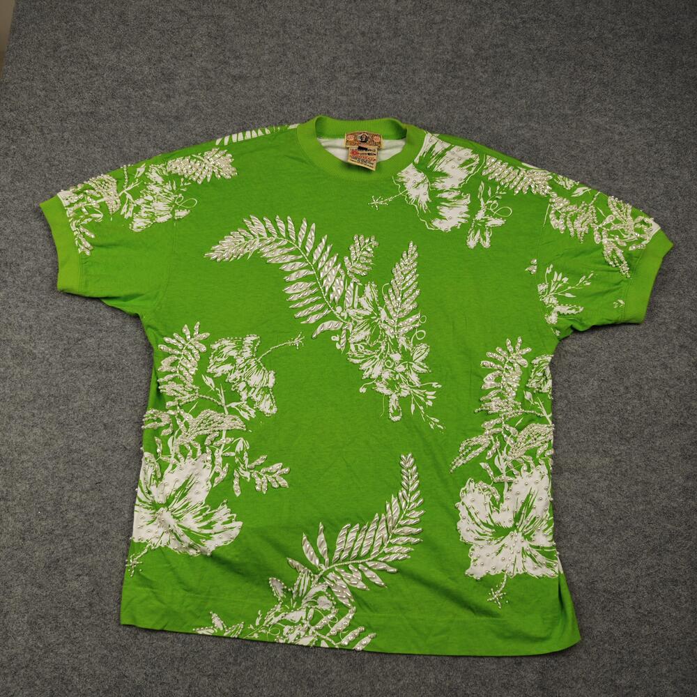 Vintage BISWOMAN T-Shirt Womens Small Green Floral Beaded Sequin Gene Ewing 90s